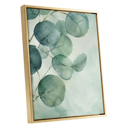 Quiet Leaflight, green, blue, white nature wall art shown as a gold framed canvas wall art