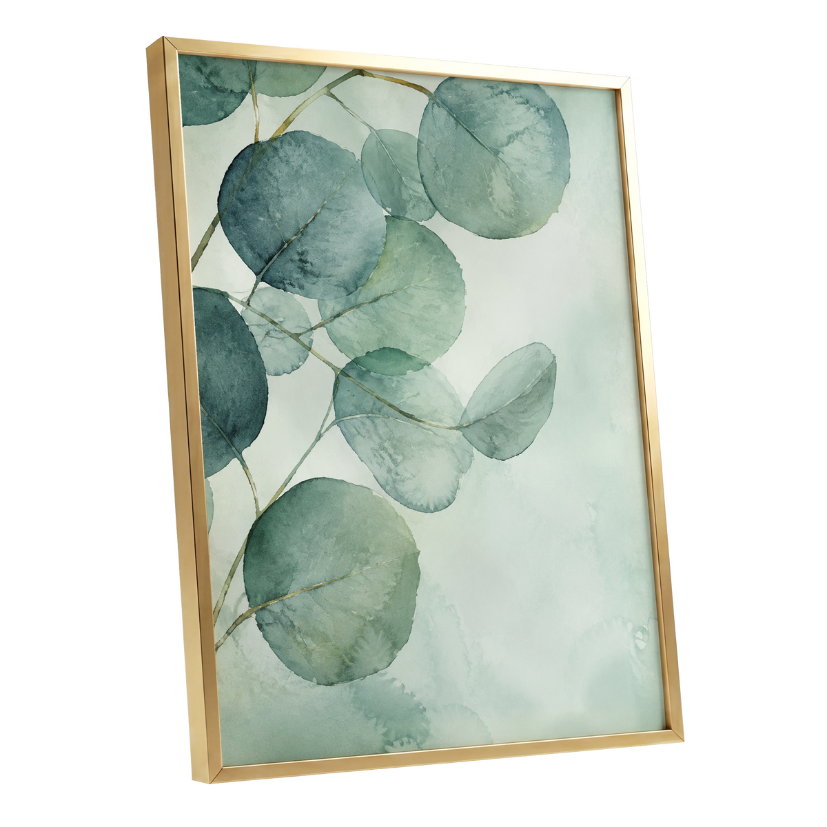 Quiet Leaflight, green, blue, white nature wall art shown as a gold framed poster wall art print