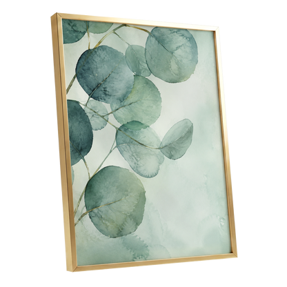 Quiet Leaflight, green, blue, white nature wall art shown as a gold framed poster wall art print