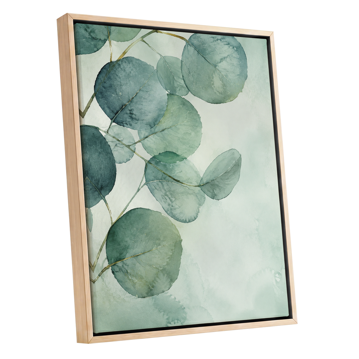 Quiet Leaflight, green, blue, white nature wall art shown as a oak framed canvas wall art