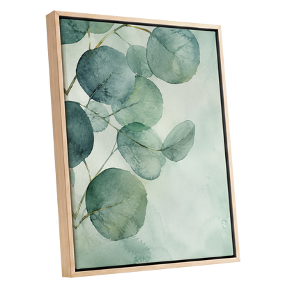 Quiet Leaflight, green, blue, white nature wall art shown as a oak framed canvas wall art