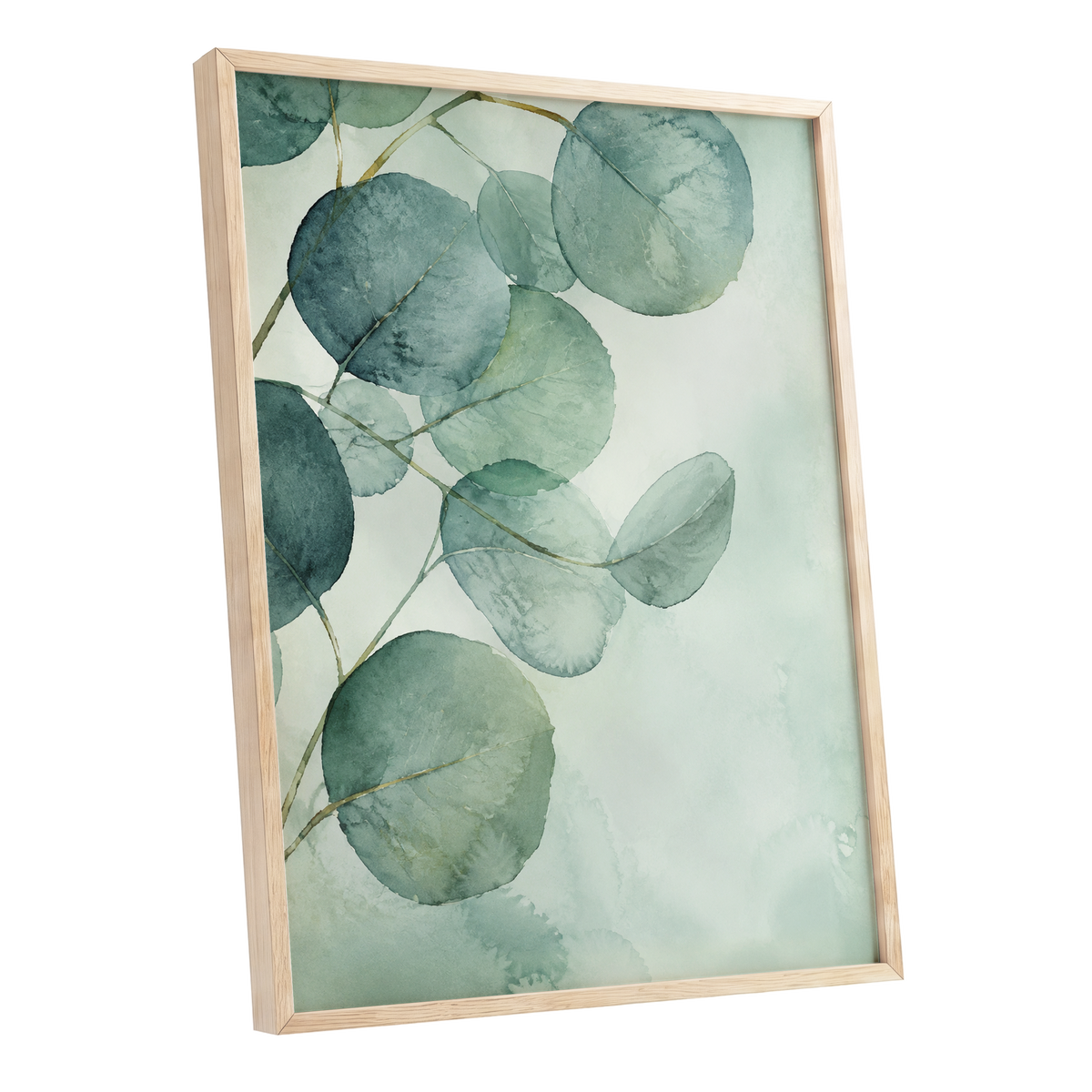 Quiet Leaflight, green, blue, white nature wall art shown as a oak framed poster wall art print