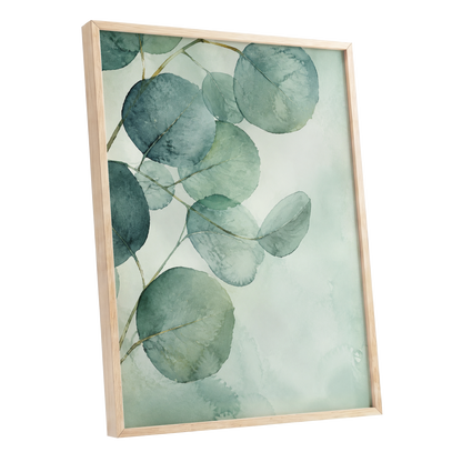 Quiet Leaflight, green, blue, white nature wall art shown as a oak framed poster wall art print