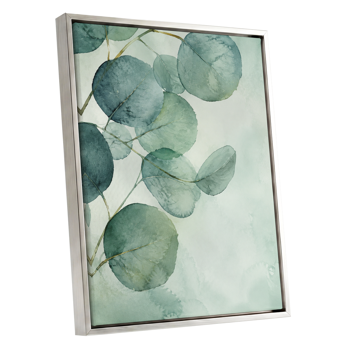 Quiet Leaflight, green, blue, white nature wall art shown as a silver framed canvas wall art