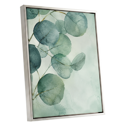 Quiet Leaflight, green, blue, white nature wall art shown as a silver framed canvas wall art