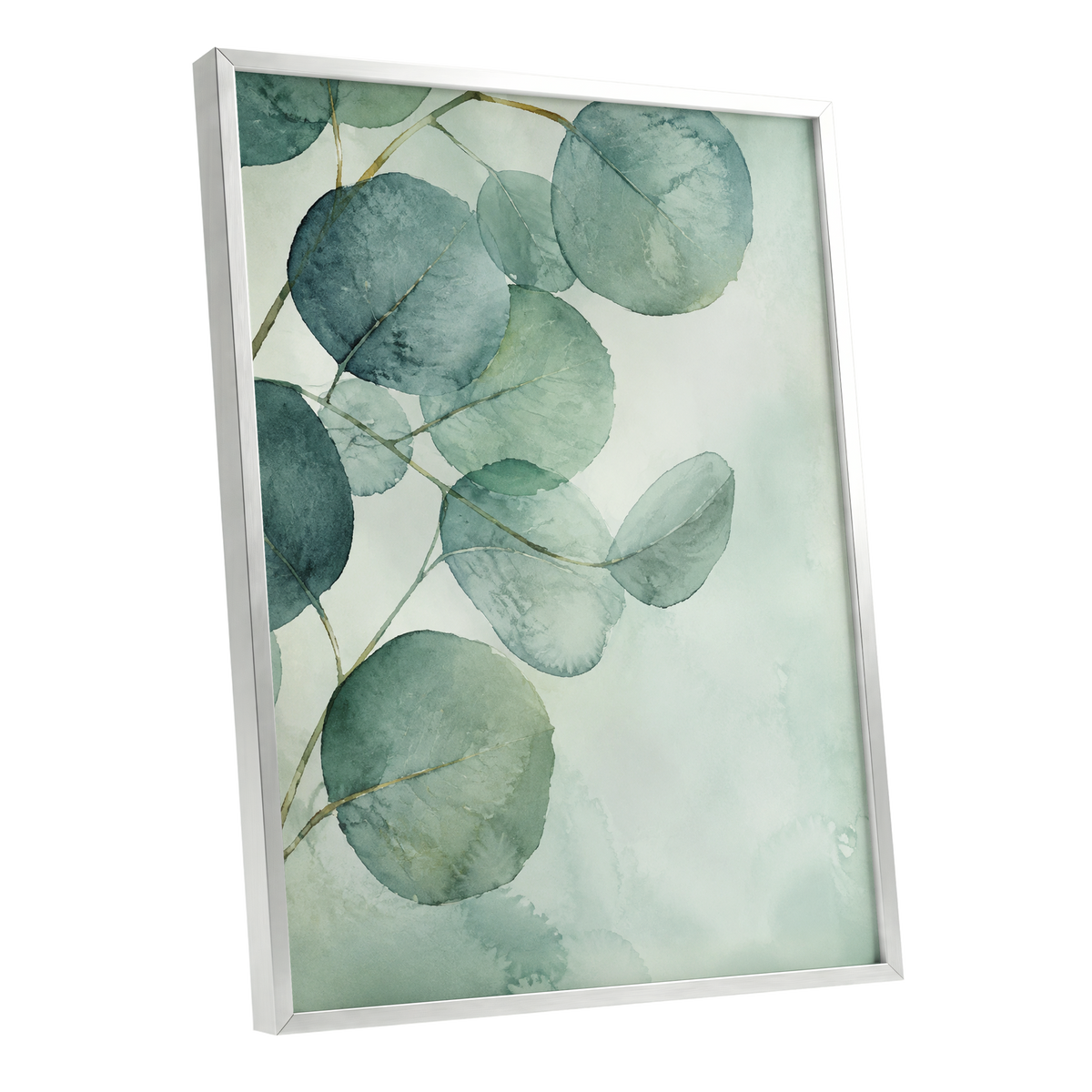 Quiet Leaflight, green, blue, white nature wall art shown as a silver framed poster wall art print
