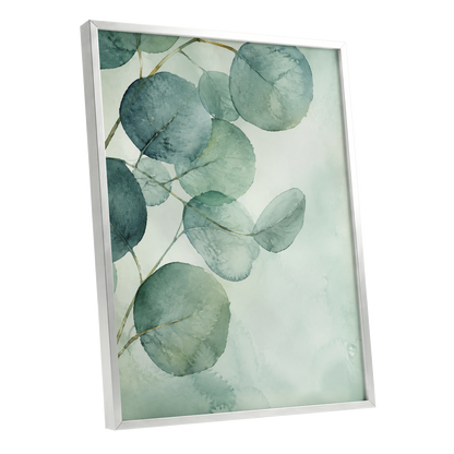 Quiet Leaflight, green, blue, white nature wall art shown as a silver framed poster wall art print