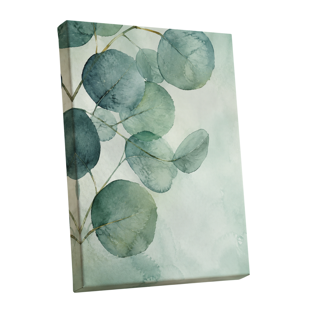 Quiet Leaflight, green, blue, white nature wall art shown as a stretched canvas wall art