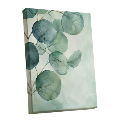 Quiet Leaflight, green, blue, white nature wall art shown as a stretched canvas wall art