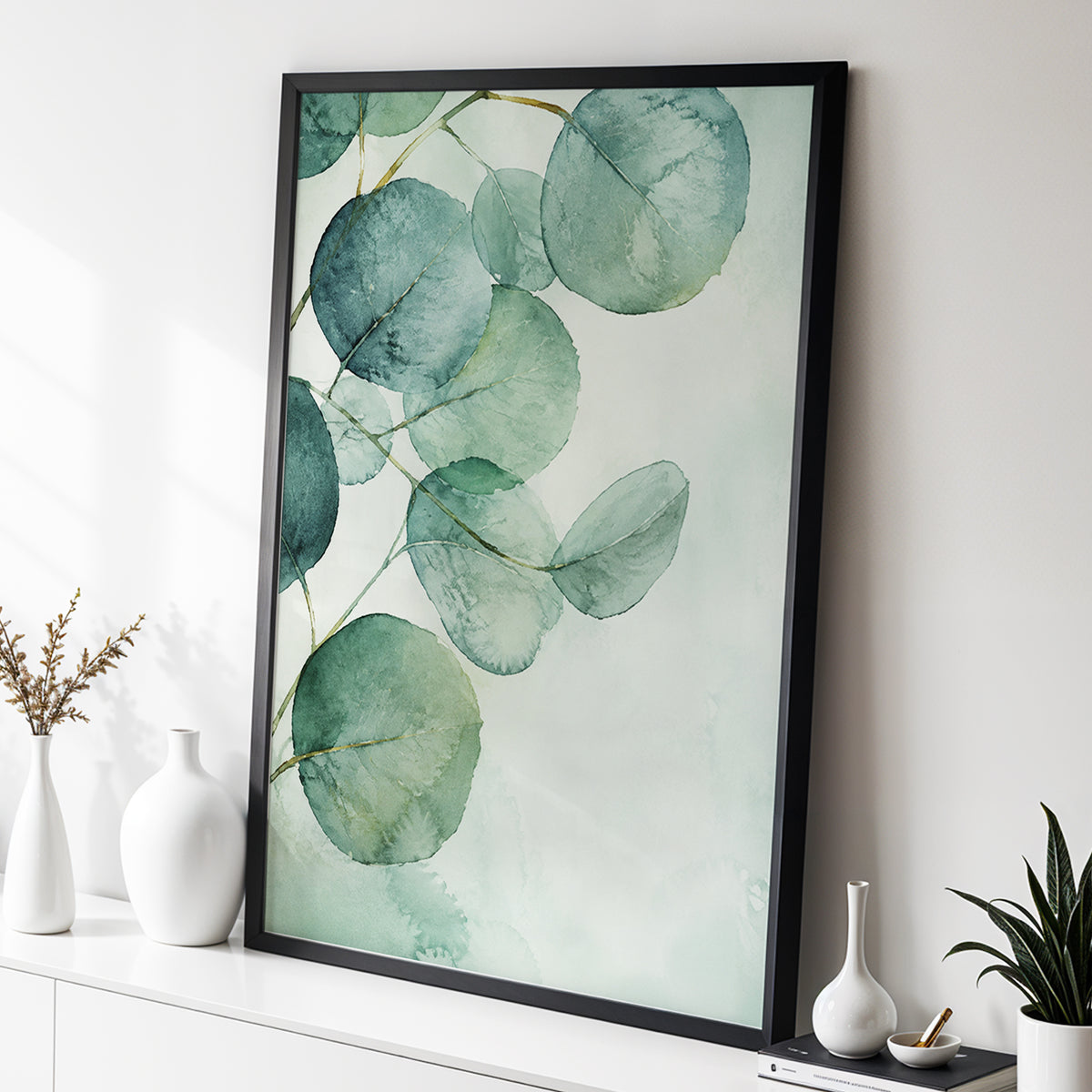 Quiet Leaflight, green, blue, white nature wall art displayed in a styled interior, gallery view 2