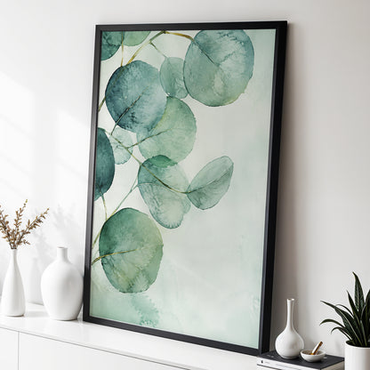 Quiet Leaflight, green, blue, white nature wall art displayed in a styled interior, gallery view 2