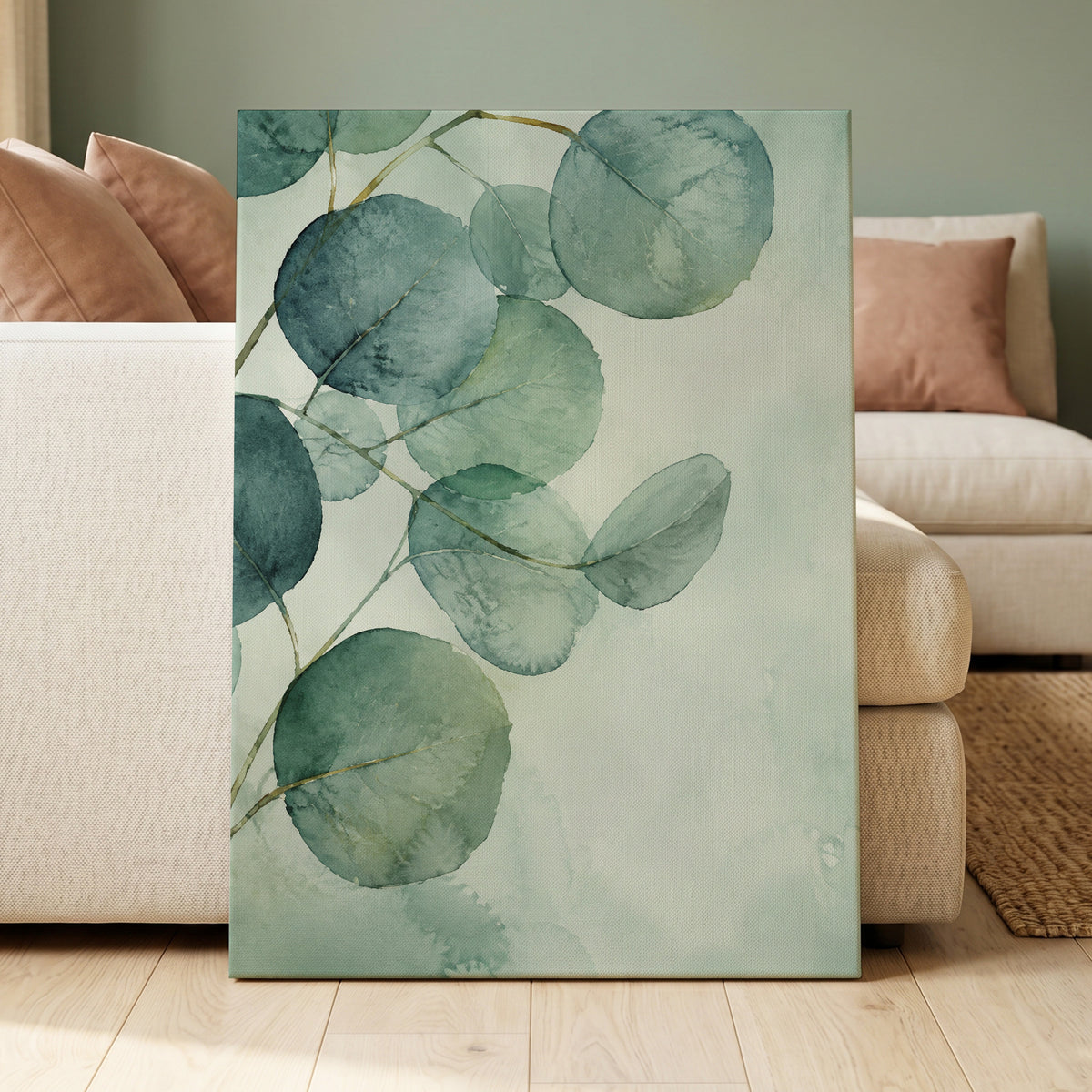 Quiet Leaflight, green, blue, white nature wall art displayed in a styled interior, gallery view 3