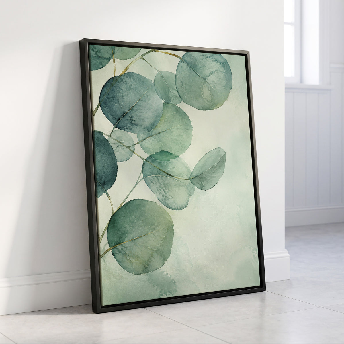 Quiet Leaflight, green, blue, white nature wall art displayed in a styled interior, gallery view 4