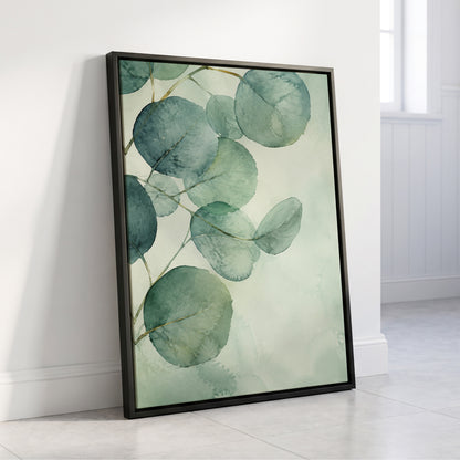 Quiet Leaflight, green, blue, white nature wall art displayed in a styled interior, gallery view 4