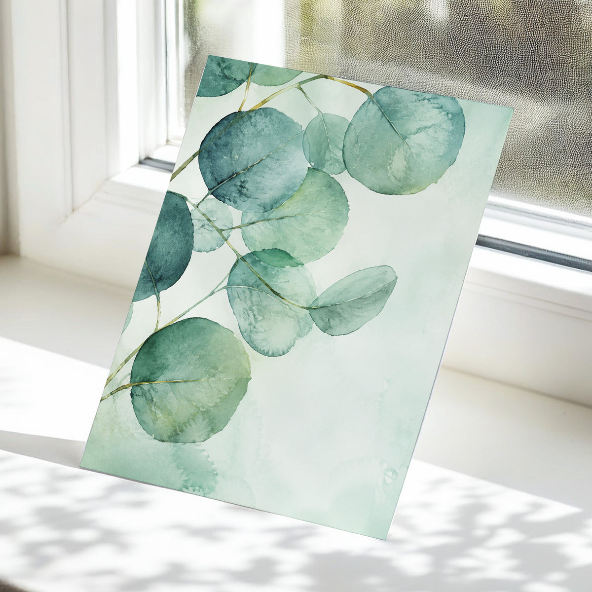 Quiet Leaflight, green, blue, white nature wall art displayed in a styled interior, gallery view 5