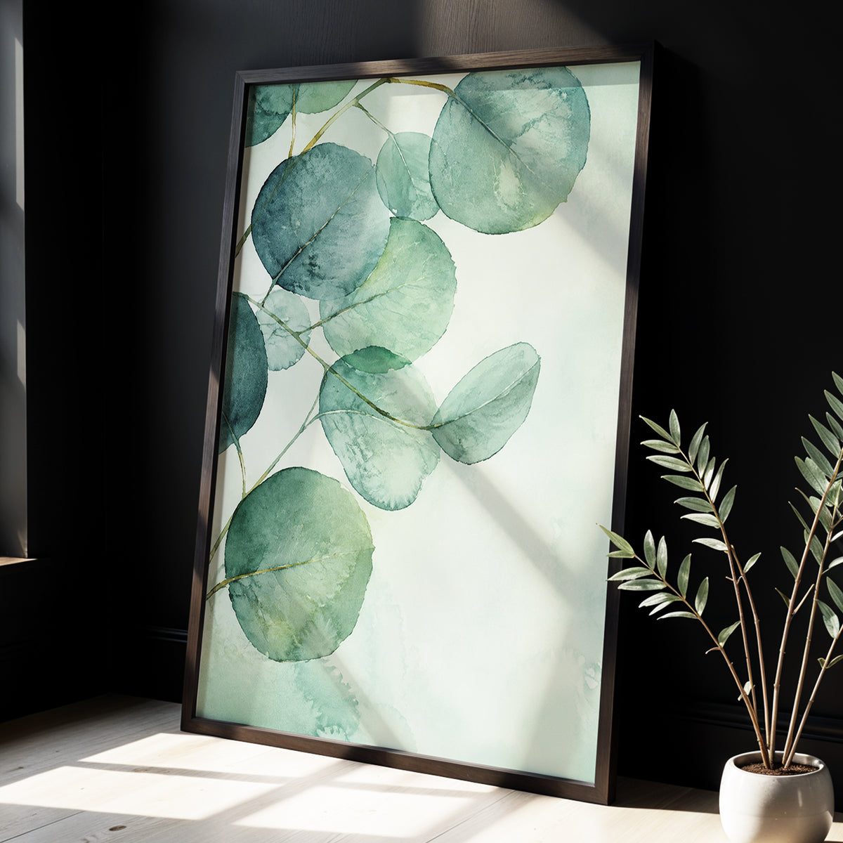Quiet Leaflight, green, blue, white nature wall art displayed in a styled interior, gallery view 6