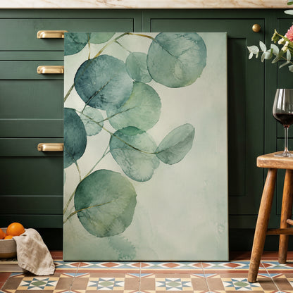 Quiet Leaflight, green, blue, white nature wall art displayed in a styled interior, gallery view 7