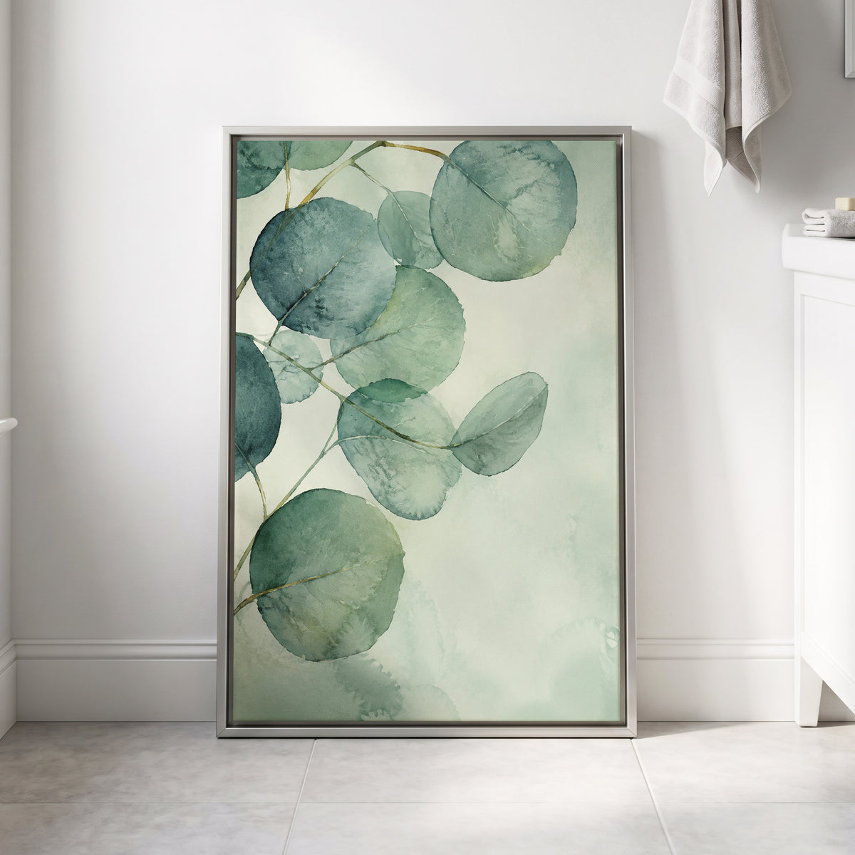 Quiet Leaflight, green, blue, white nature wall art displayed in a styled interior, gallery view 8