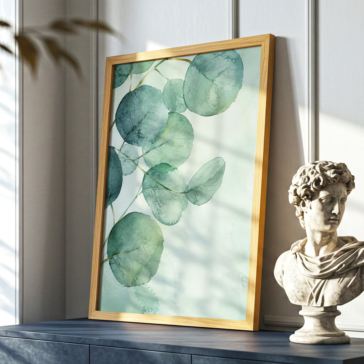 Quiet Leaflight, green, blue, white nature wall art displayed in a styled interior, gallery view 9
