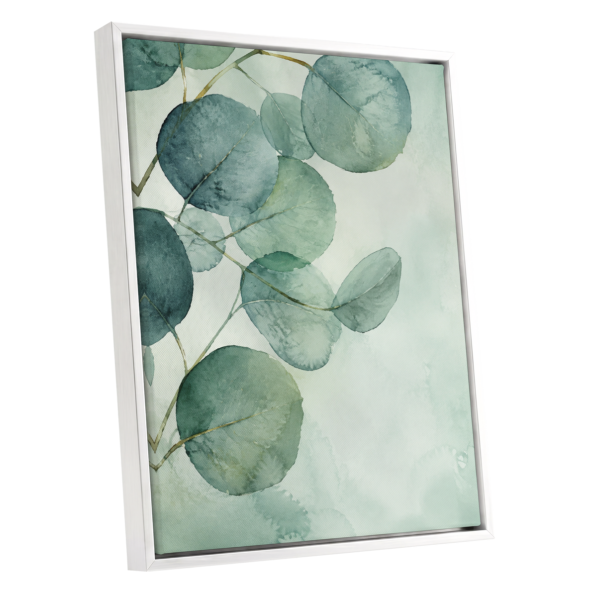 Quiet Leaflight, green, blue, white nature wall art shown as a white framed canvas wall art