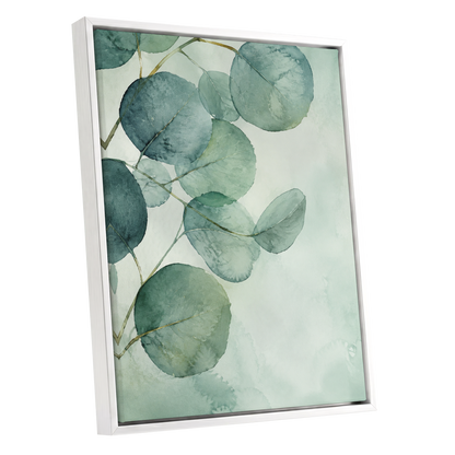 Quiet Leaflight, green, blue, white nature wall art shown as a white framed canvas wall art