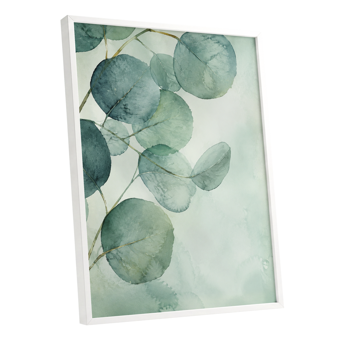 Quiet Leaflight, green, blue, white nature wall art shown as a white framed poster wall art print