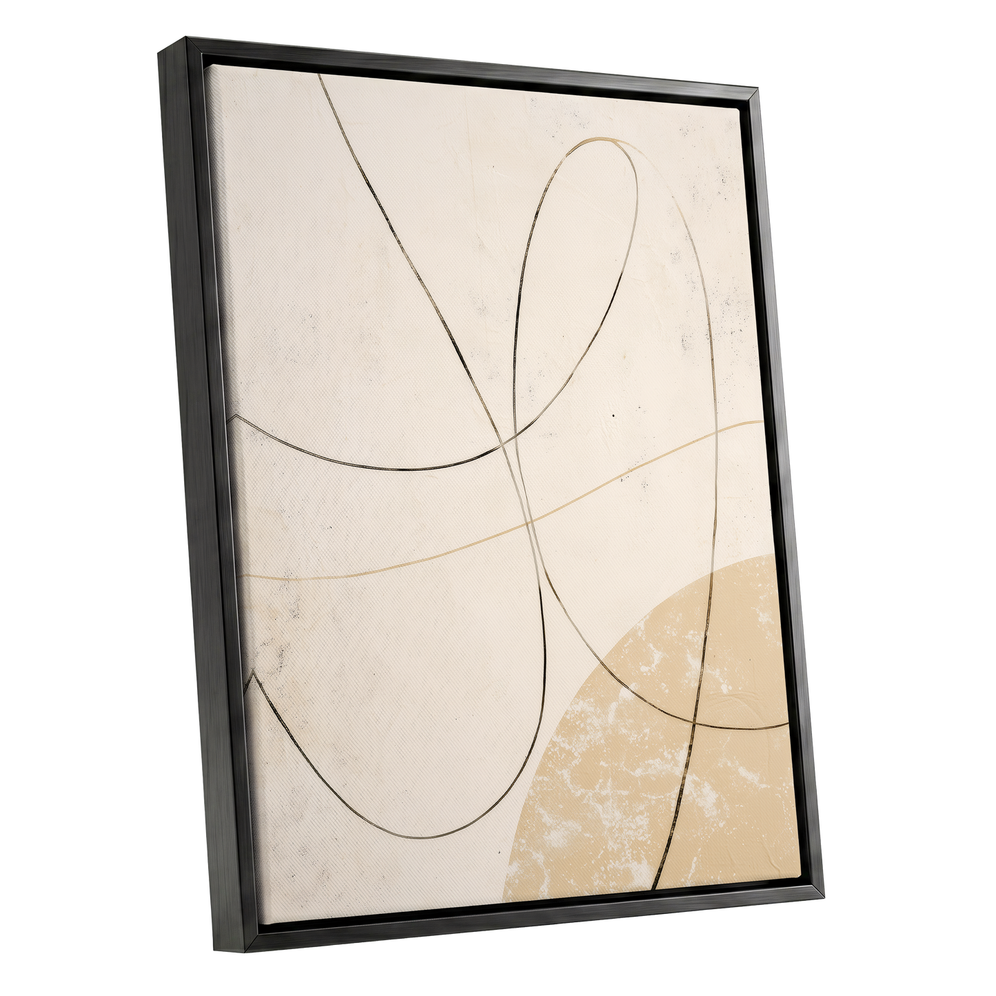 Quiet Loops, white, beige, black minimalist wall art shown as a black framed canvas wall art