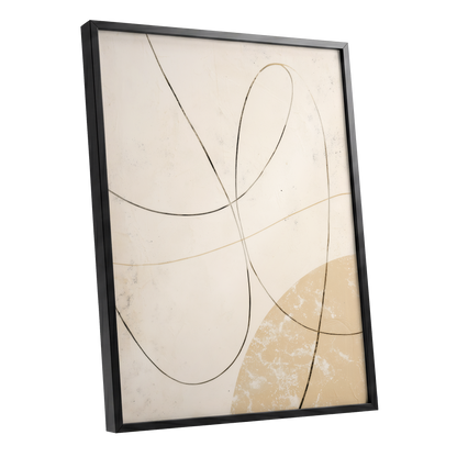 Quiet Loops, white, beige, black minimalist wall art shown as a black framed poster wall art print