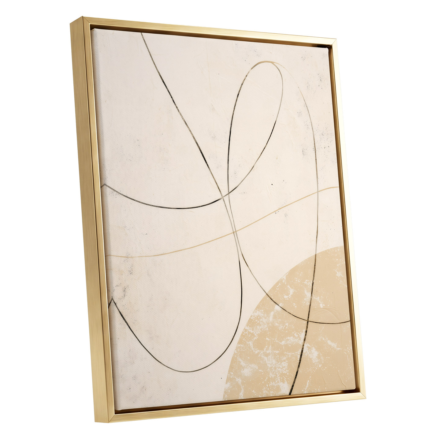 Quiet Loops, white, beige, black minimalist wall art shown as a gold framed canvas wall art