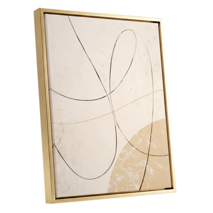 Quiet Loops, white, beige, black minimalist wall art shown as a gold framed canvas wall art