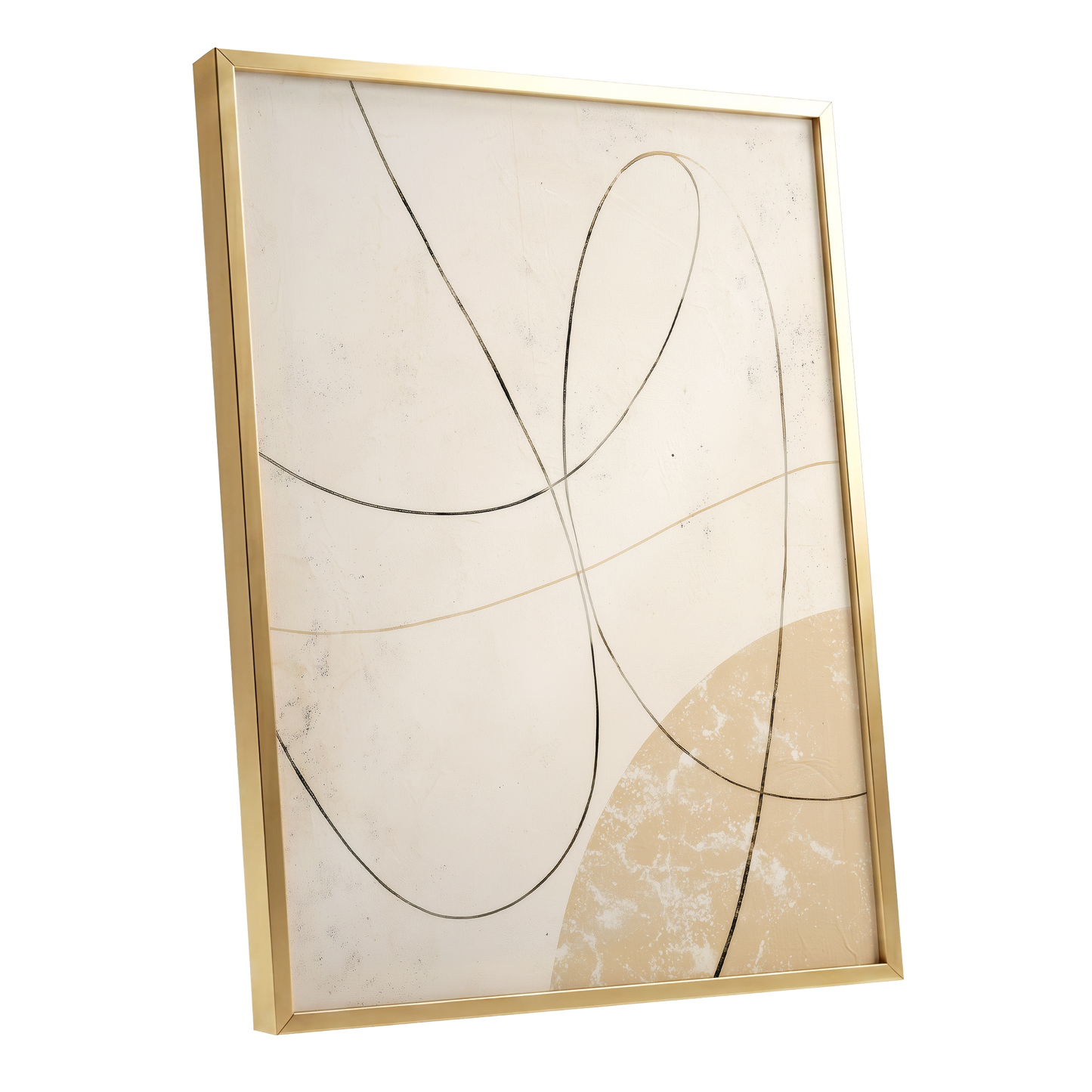 Quiet Loops, white, beige, black minimalist wall art shown as a gold framed poster wall art print