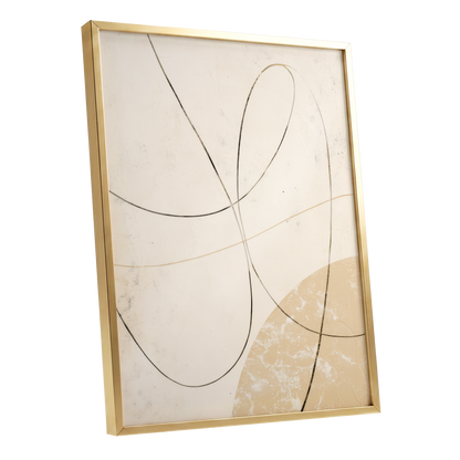 Quiet Loops, white, beige, black minimalist wall art shown as a gold framed poster wall art print