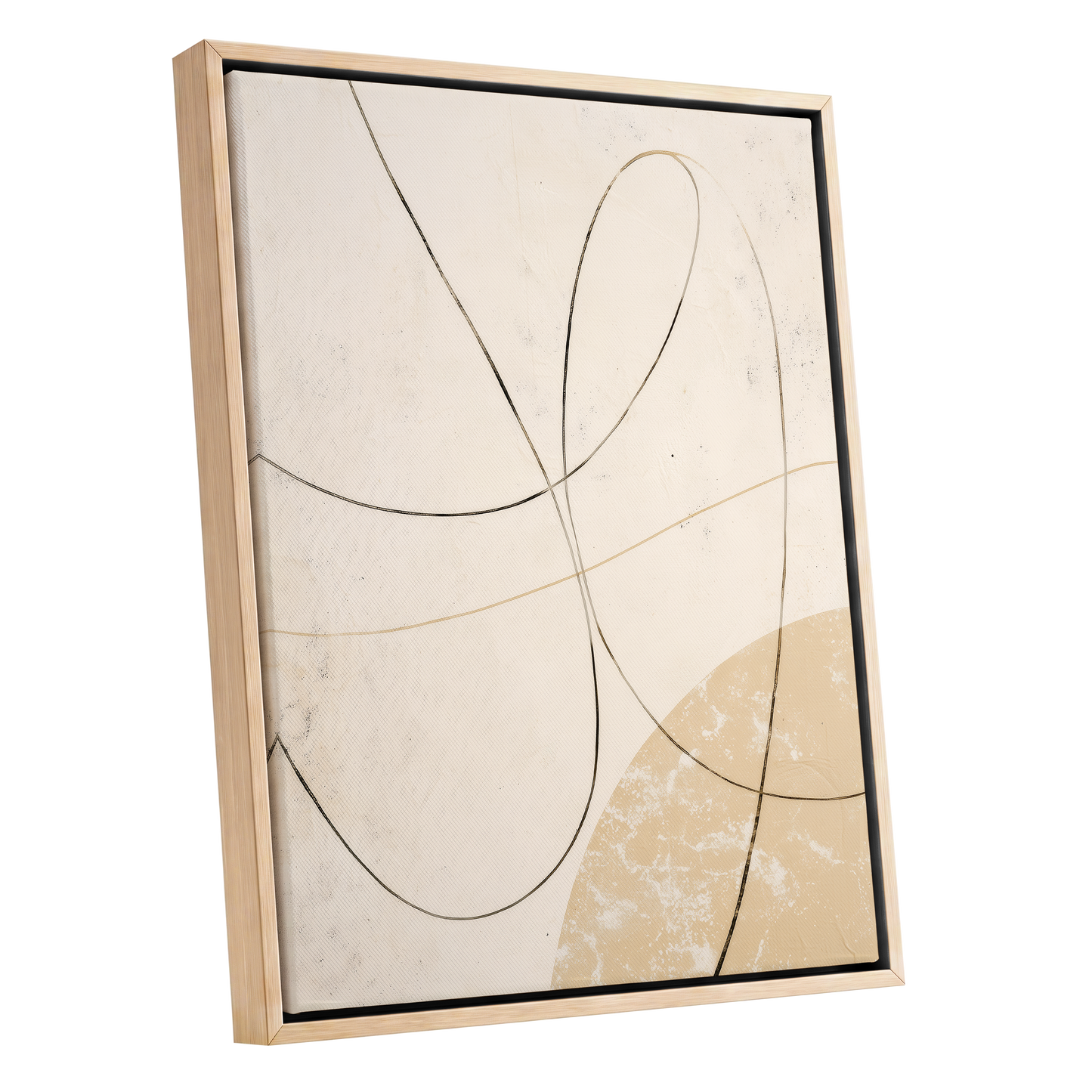 Quiet Loops, white, beige, black minimalist wall art shown as a oak framed canvas wall art