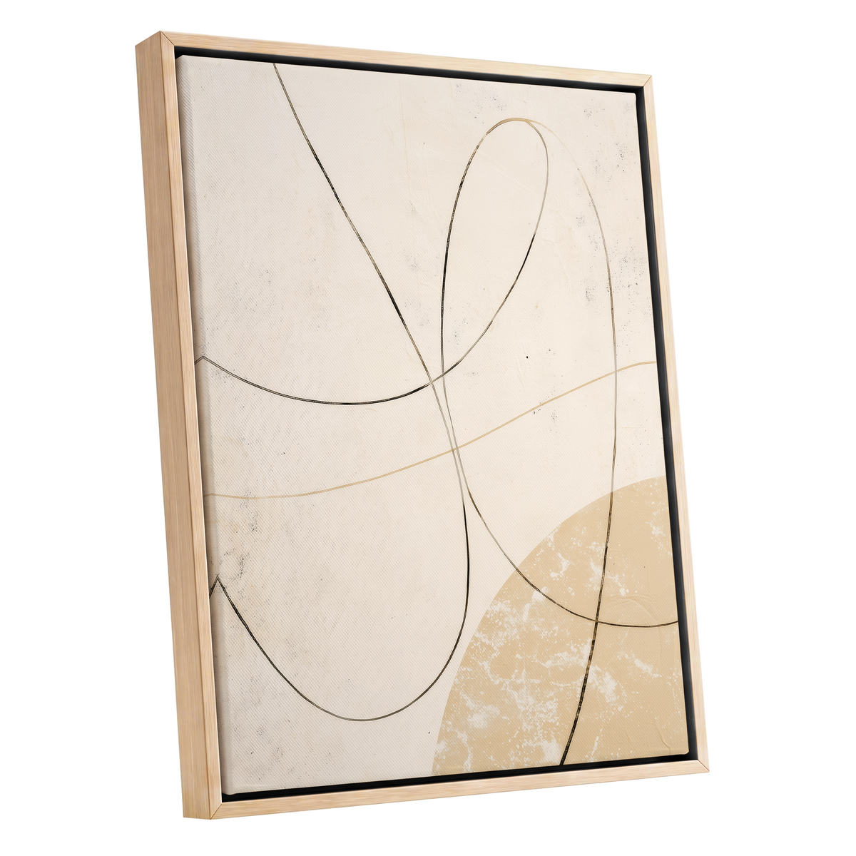 Quiet Loops, white, beige, black minimalist wall art shown as a oak framed canvas wall art