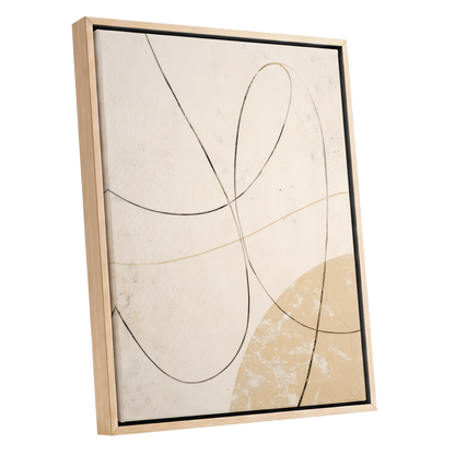 Quiet Loops, white, beige, black minimalist wall art shown as a oak framed canvas wall art