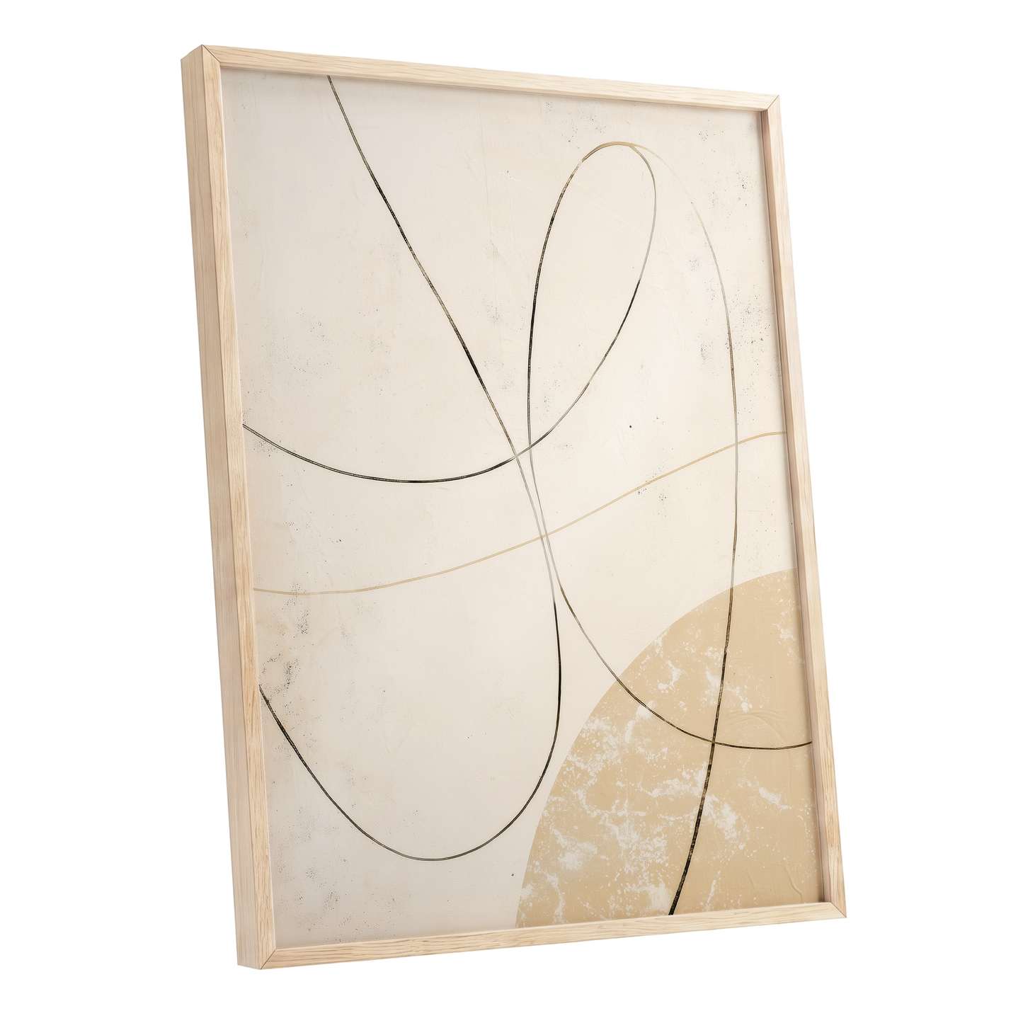 Quiet Loops, white, beige, black minimalist wall art shown as a oak framed poster wall art print