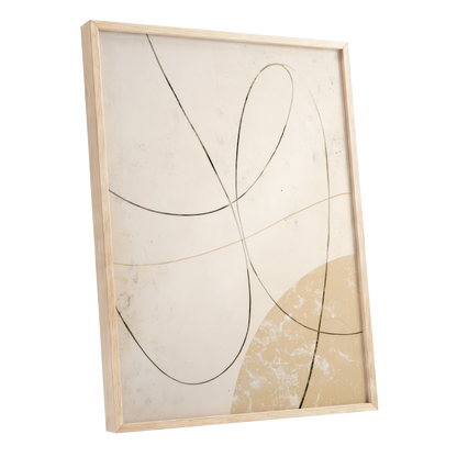 Quiet Loops, white, beige, black minimalist wall art shown as a oak framed poster wall art print