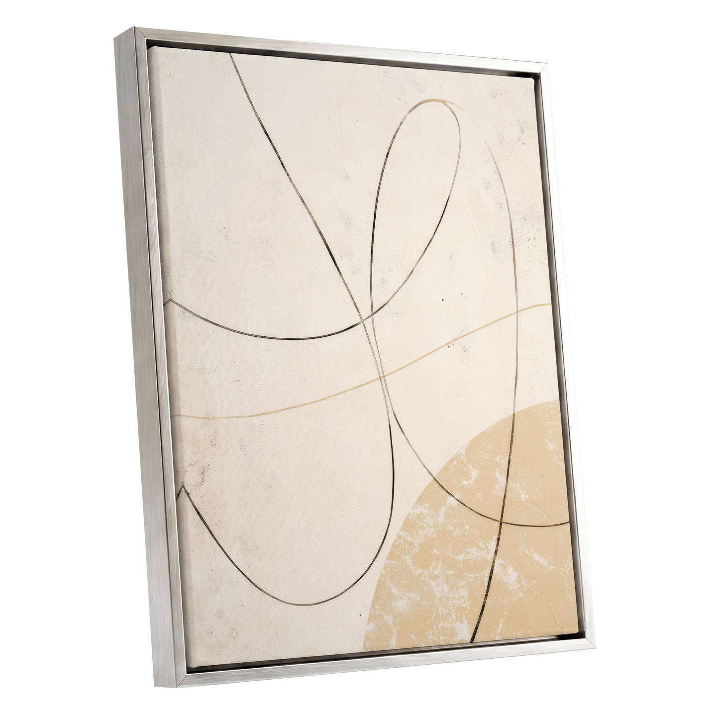Quiet Loops, white, beige, black minimalist wall art shown as a silver framed canvas wall art