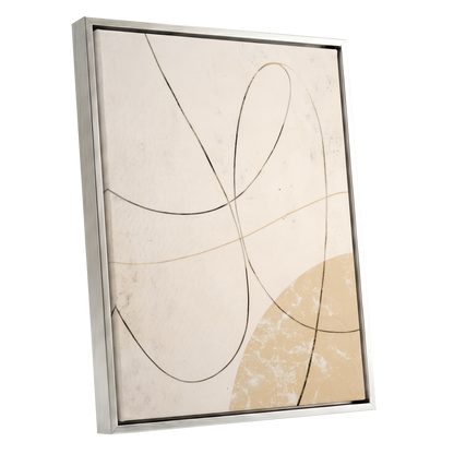 Quiet Loops, white, beige, black minimalist wall art shown as a silver framed canvas wall art