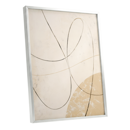 Quiet Loops, white, beige, black minimalist wall art shown as a silver framed poster wall art print