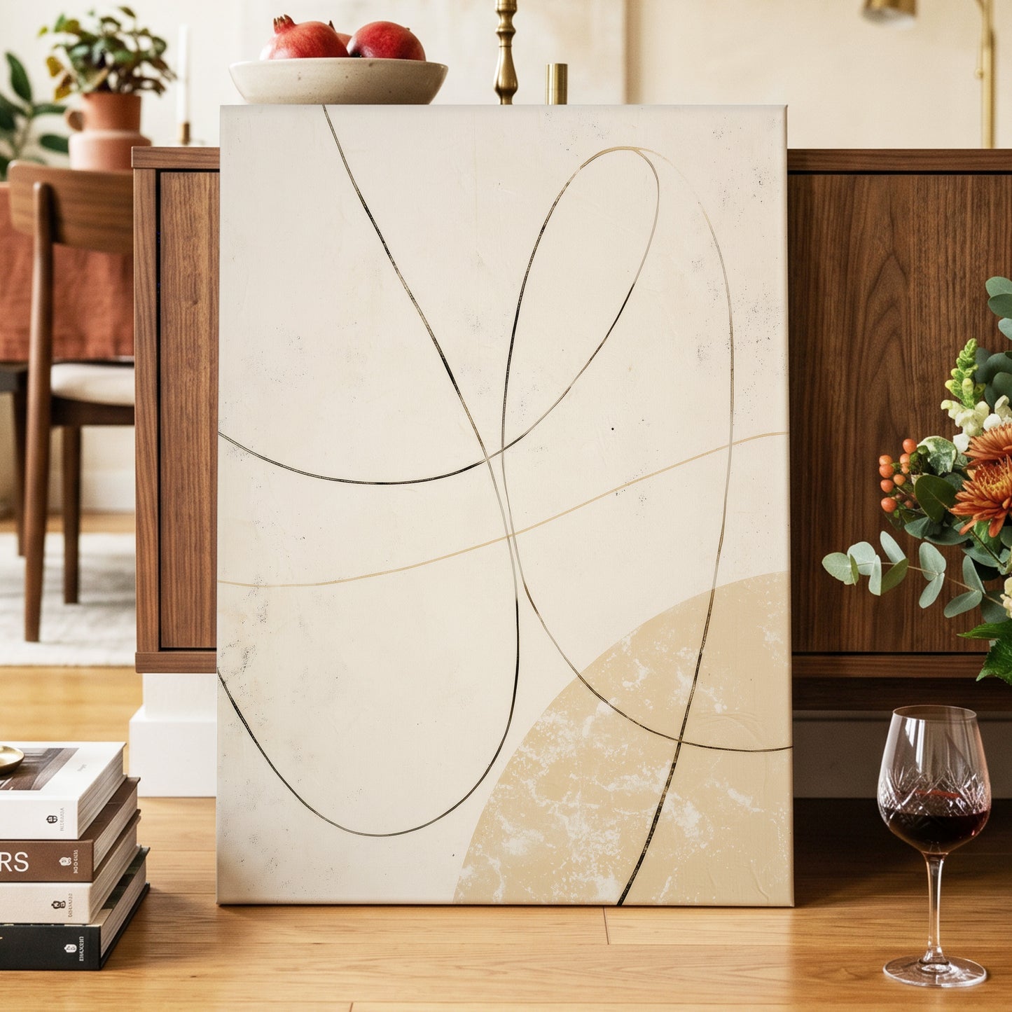 Quiet Loops, white, beige, black minimalist wall art displayed in a styled interior, gallery view 3