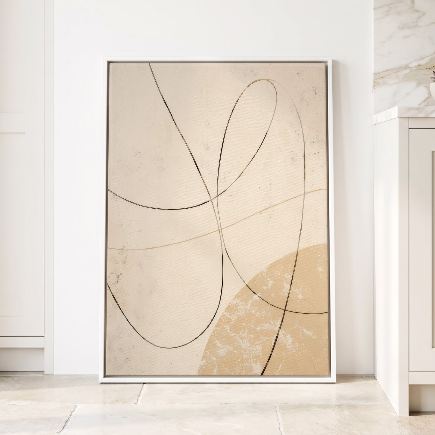 Quiet Loops, white, beige, black minimalist wall art displayed in a styled interior, gallery view 4