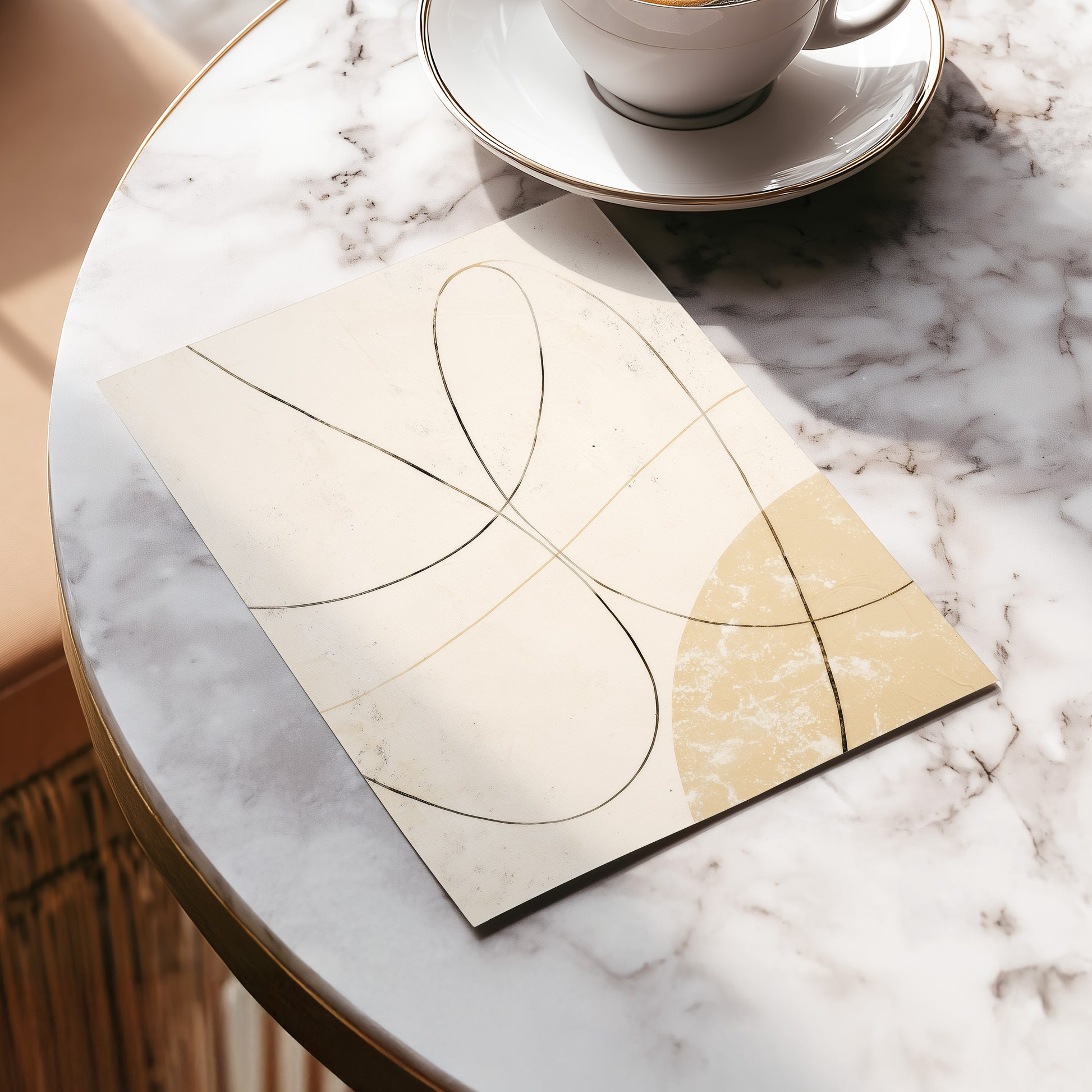 Quiet Loops, white, beige, black minimalist wall art displayed in a styled interior, gallery view 5