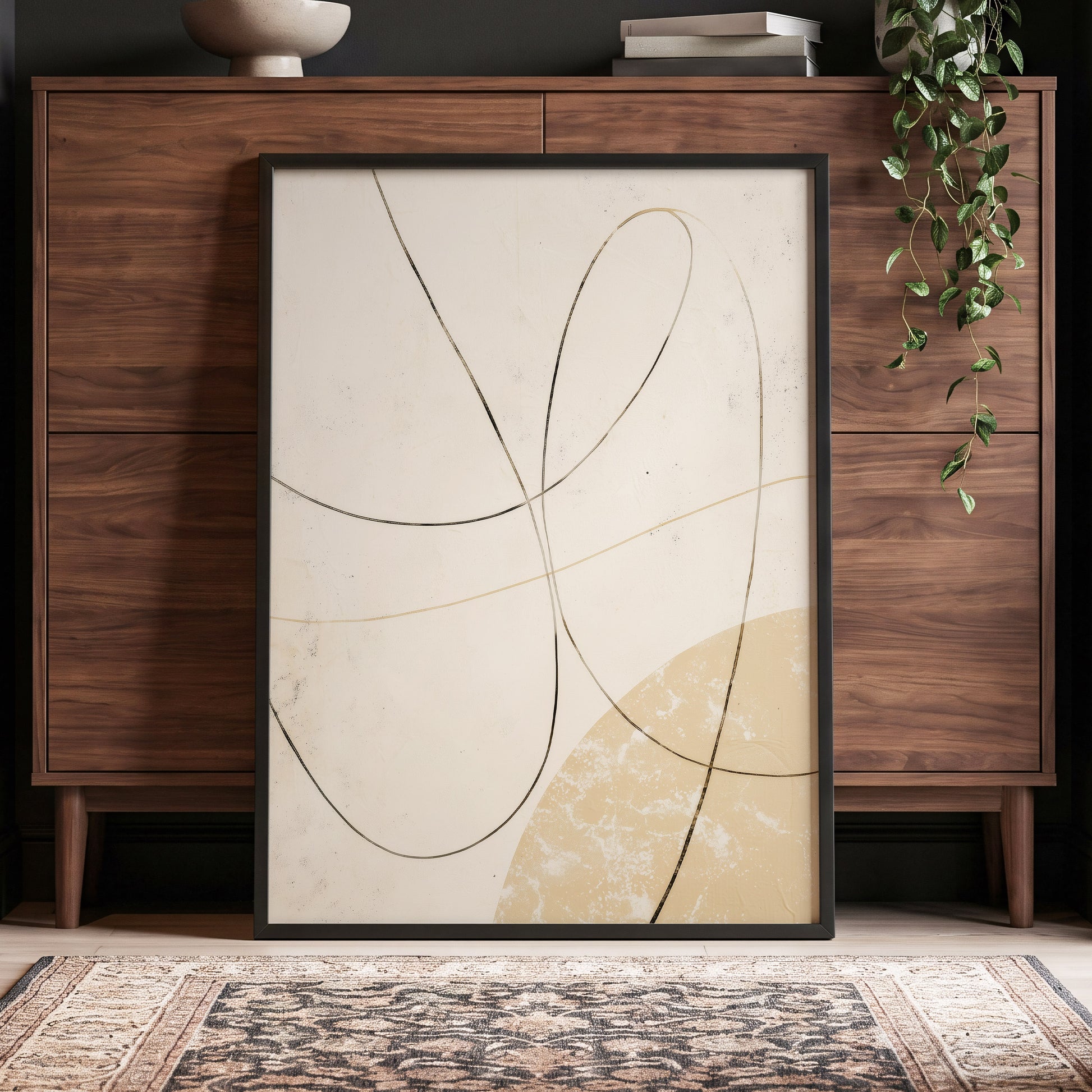 Quiet Loops, white, beige, black minimalist wall art displayed in a styled interior, gallery view 6