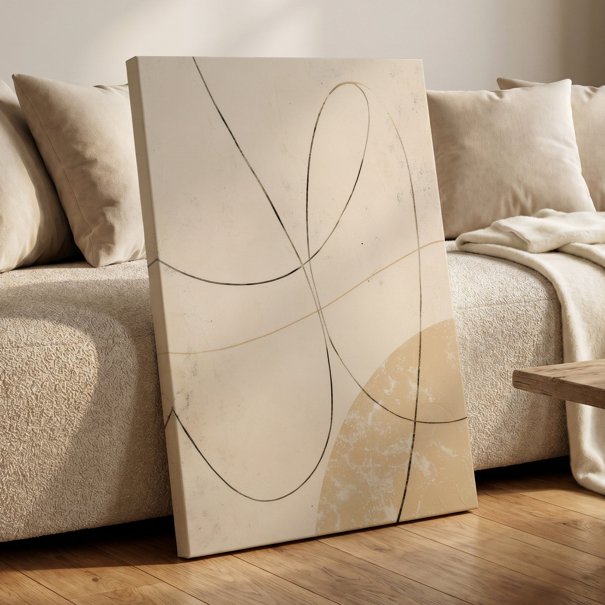 Quiet Loops, white, beige, black minimalist wall art displayed in a styled interior, gallery view 7
