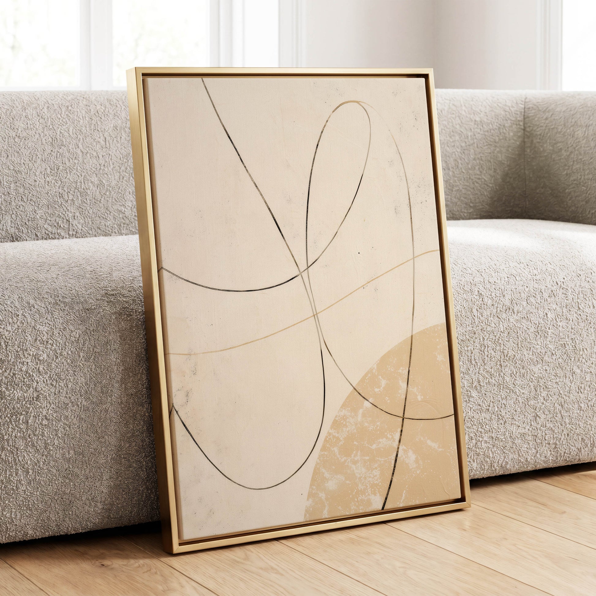 Quiet Loops, white, beige, black minimalist wall art displayed in a styled interior, gallery view 8