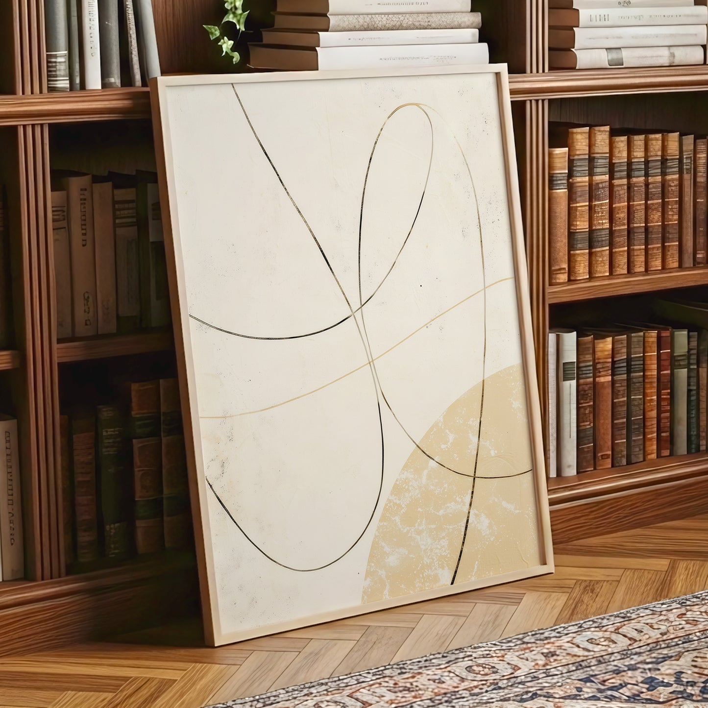 Quiet Loops, white, beige, black minimalist wall art displayed in a styled interior, gallery view 9