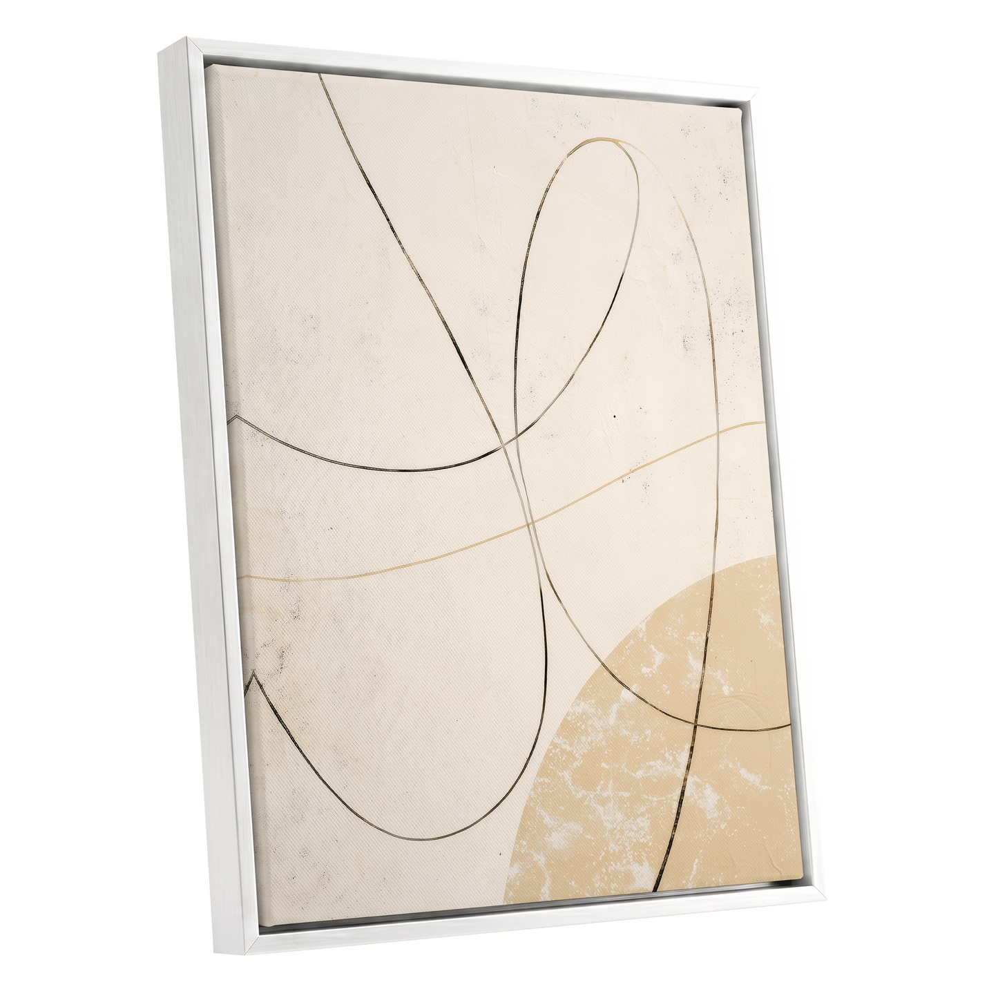 Quiet Loops, white, beige, black minimalist wall art shown as a white framed canvas wall art