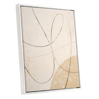 Quiet Loops, white, beige, black minimalist wall art shown as a white framed canvas wall art