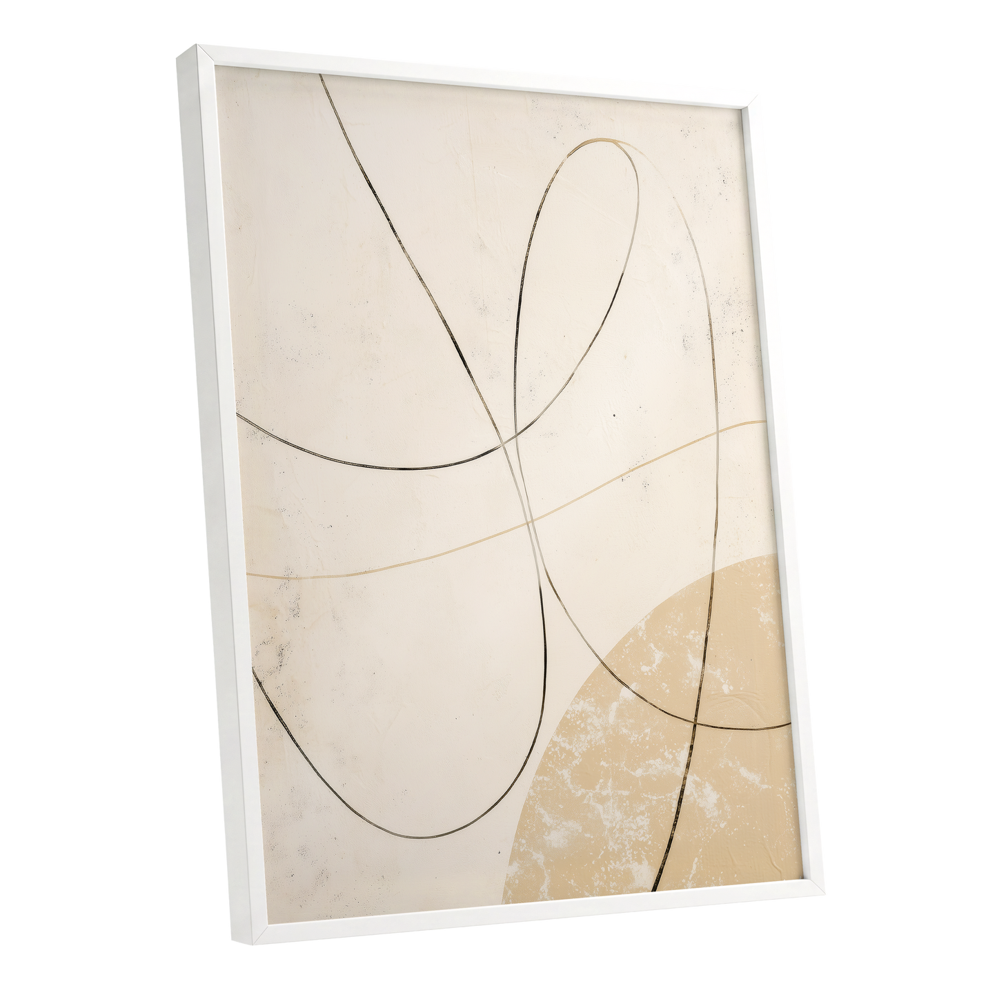 Quiet Loops, white, beige, black minimalist wall art shown as a white framed poster wall art print